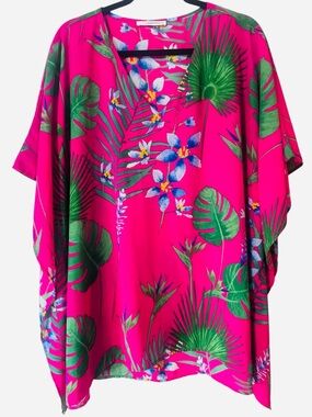 Caramela Pink Tropical Floral V-Neck Blouse Size Large Flowing Resort Top